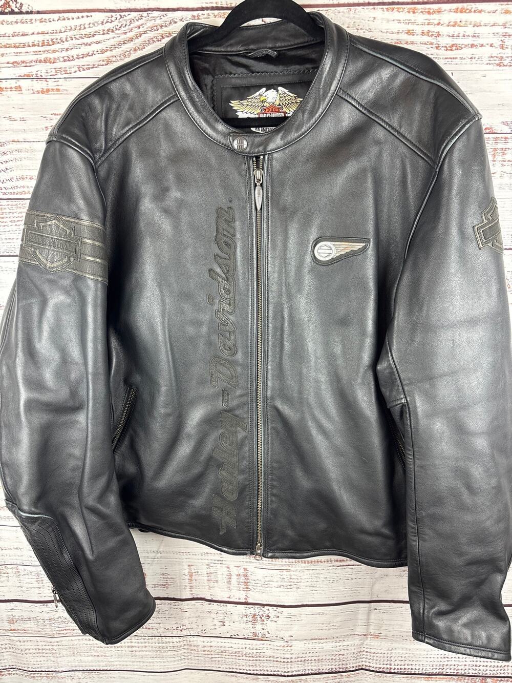 VTG Harley Davidson Black Leather Motorcycle Jacket Embossed Logo Wings Mens 2X